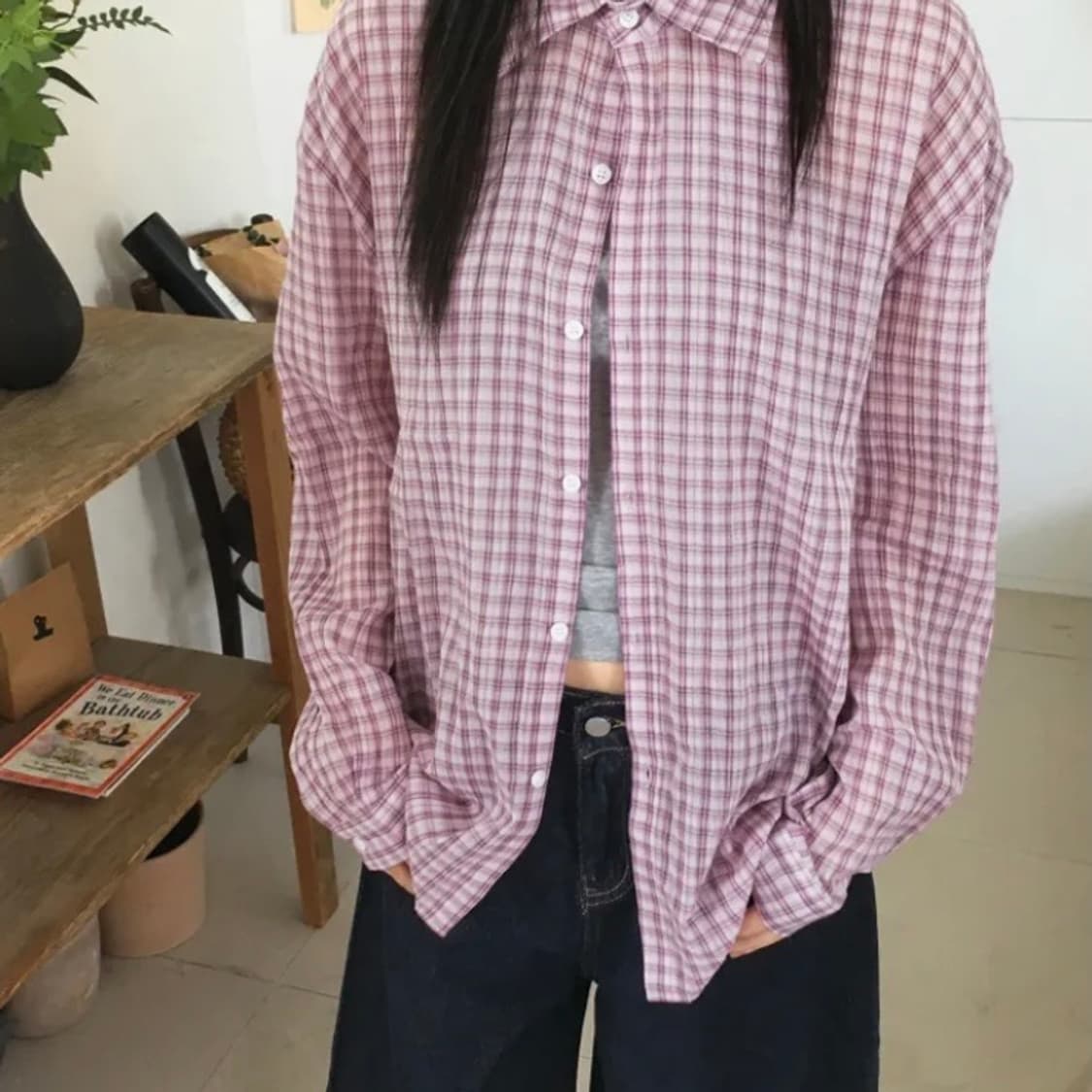베터 시어커터 오버핏 시스루 빈티지 체크 긴팔 셔츠 상품이미지3