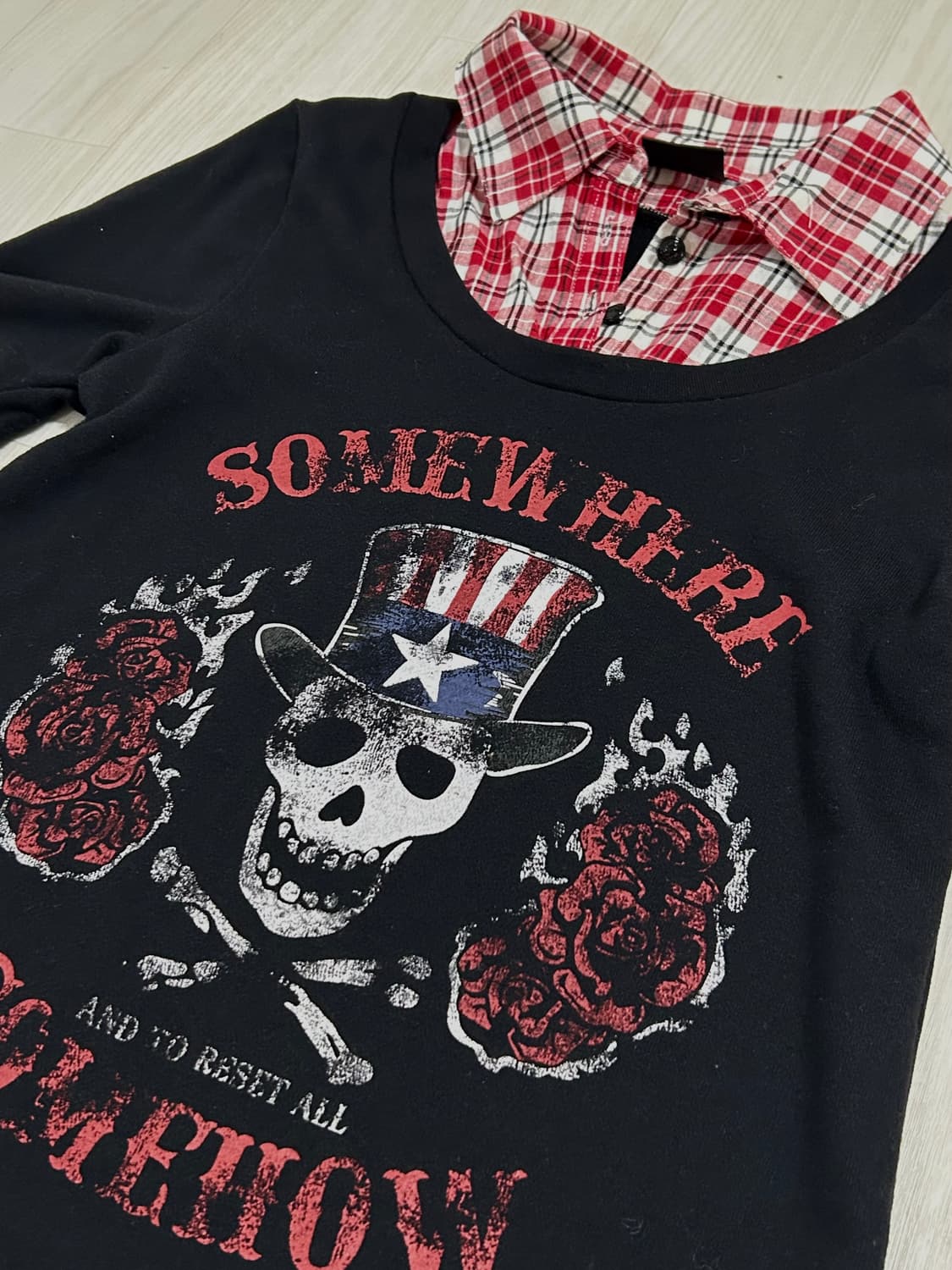 케케체깔 체크레이어드 펑크 성조기 반팔 탑 상품이미지2