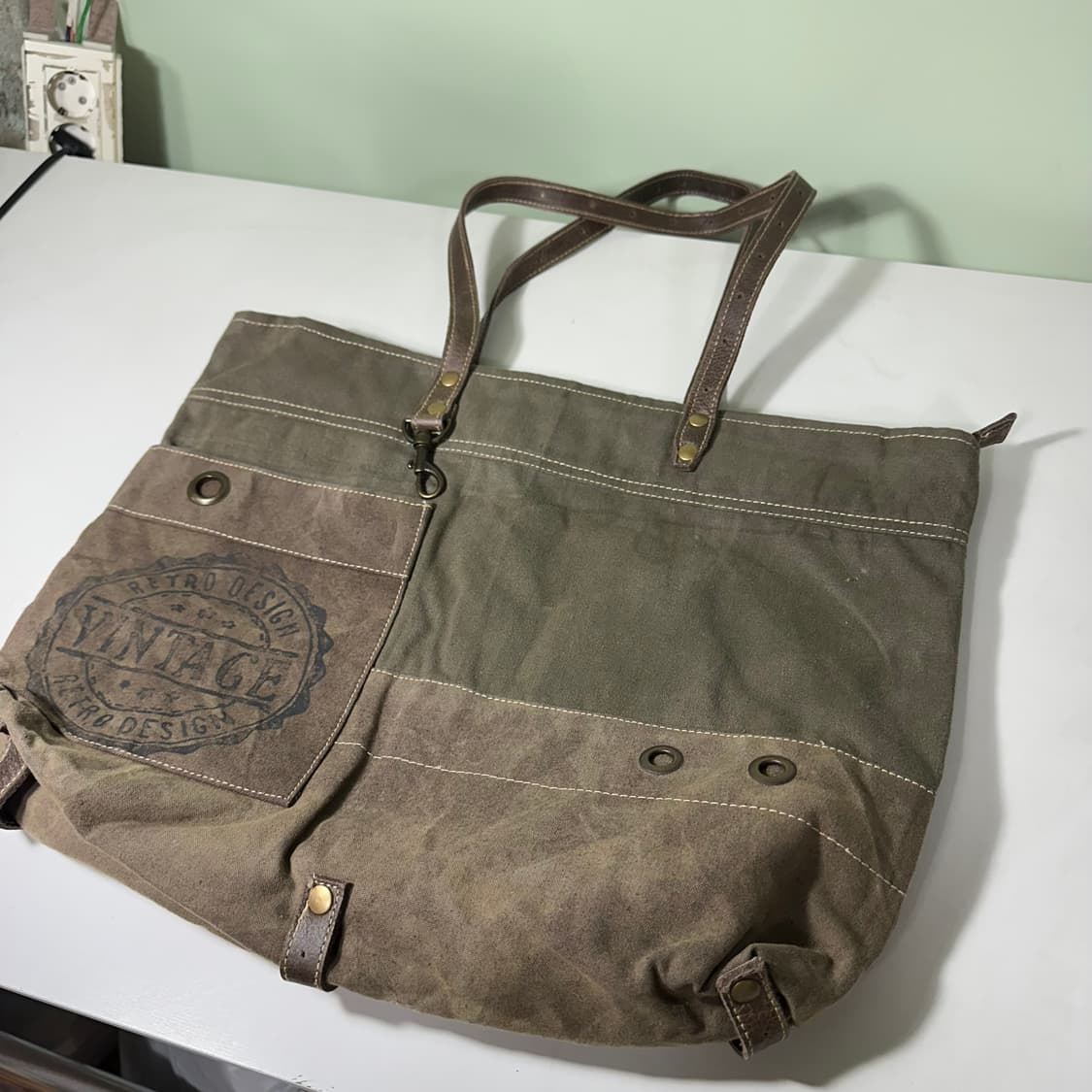 OS MYRA 카키 캔버스코튼 빈티지 도트백 상품이미지2