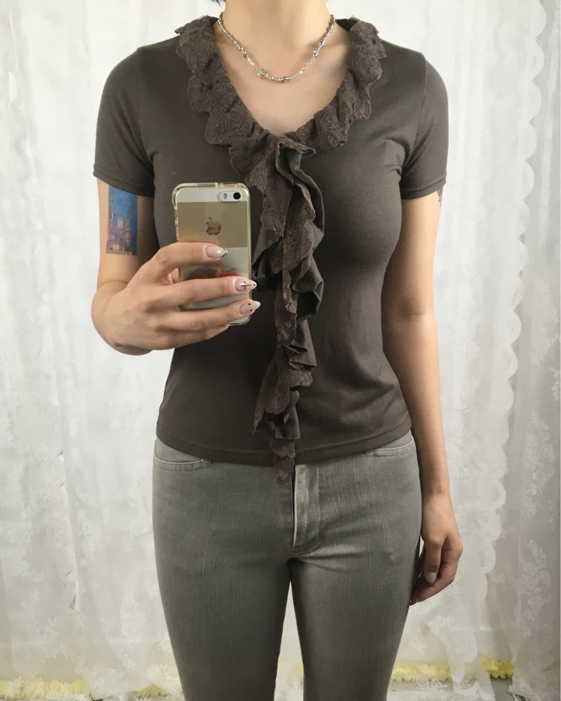 JPN khaki brown lace frill top 상품이미지1