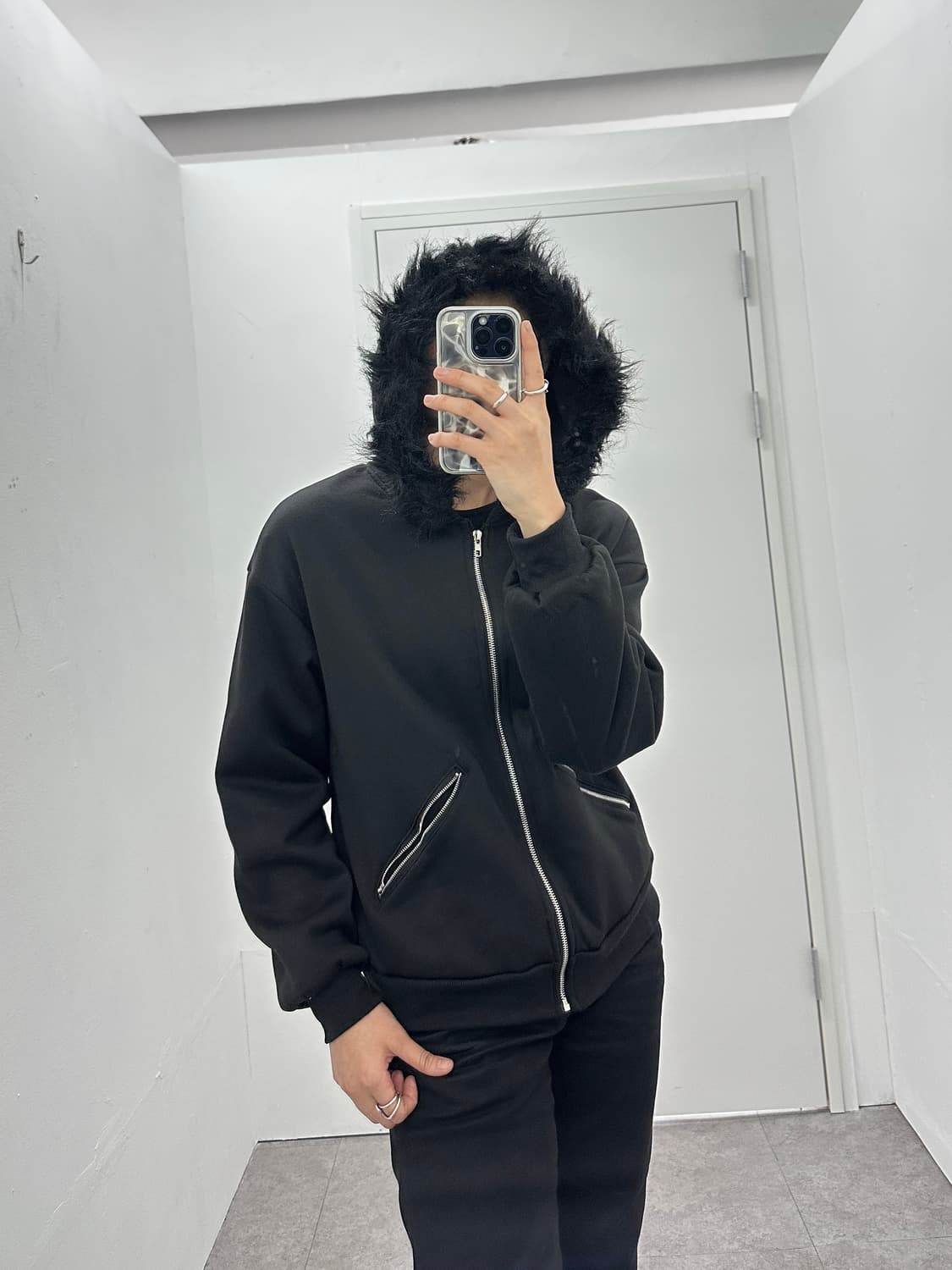 Shein black fur hood zip up 상품이미지4