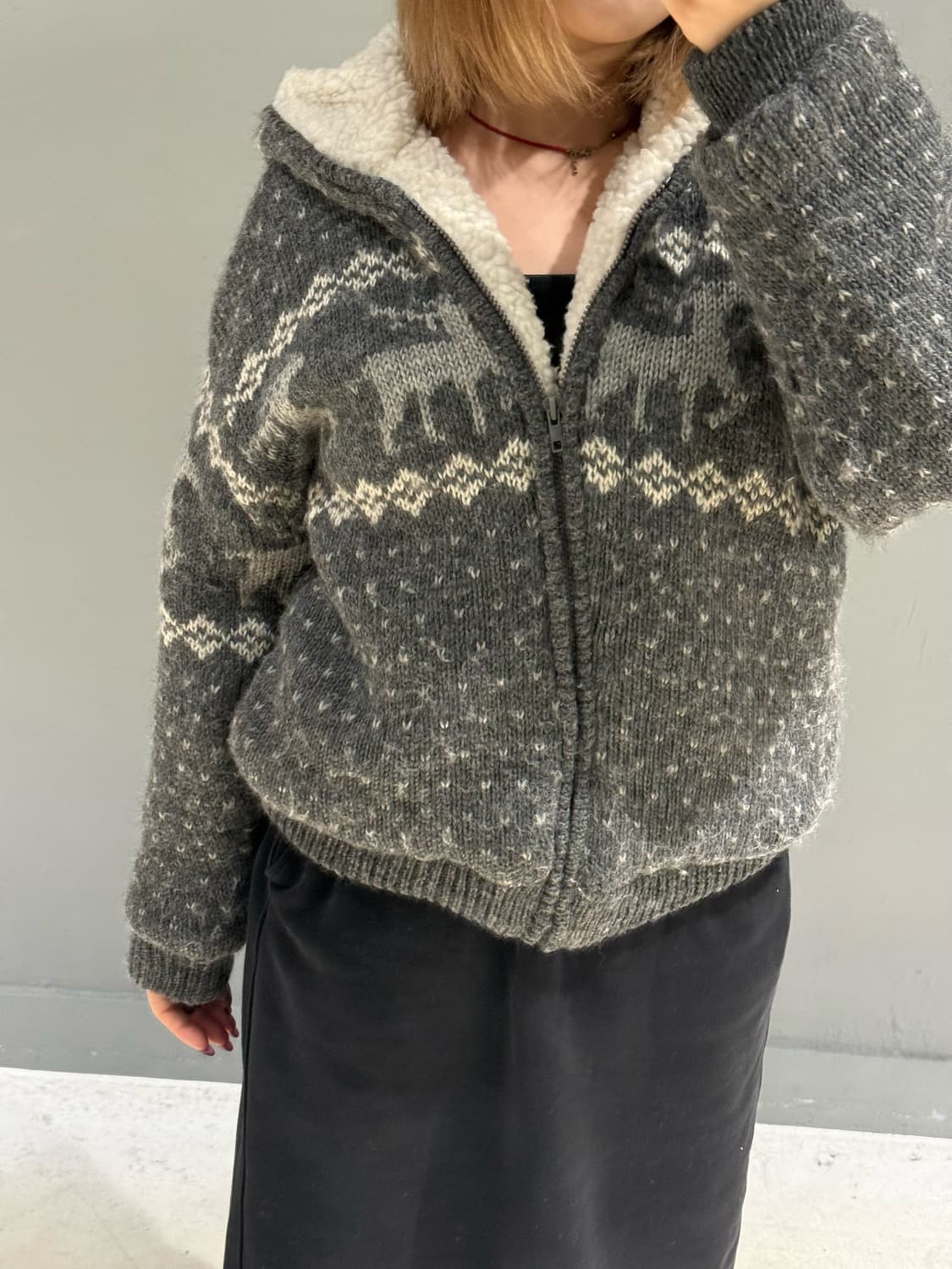 nordic pattern sherpa knit hood zip-up 상품이미지2