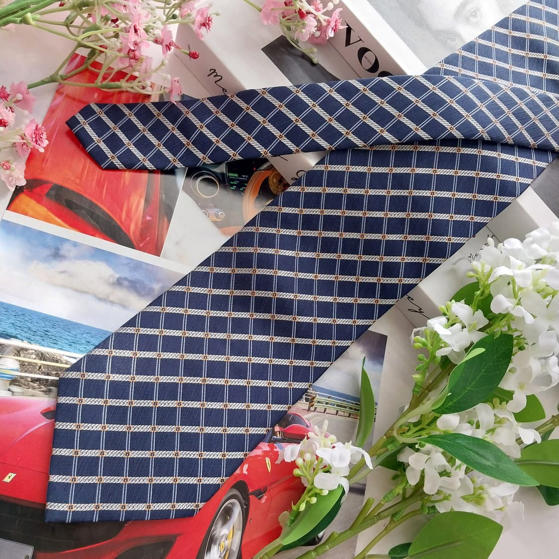 아쿠아스큐텀 실크 네이비 체크 패턴 넥타이 9.3cm A등급 K2342 상품이미지4