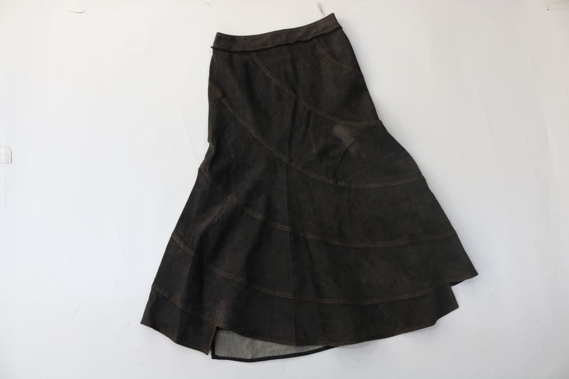 PRECIAR 빈티지 다크 브라운 티어드 패널 데님 롱 스커트 (38) 상품이미지2