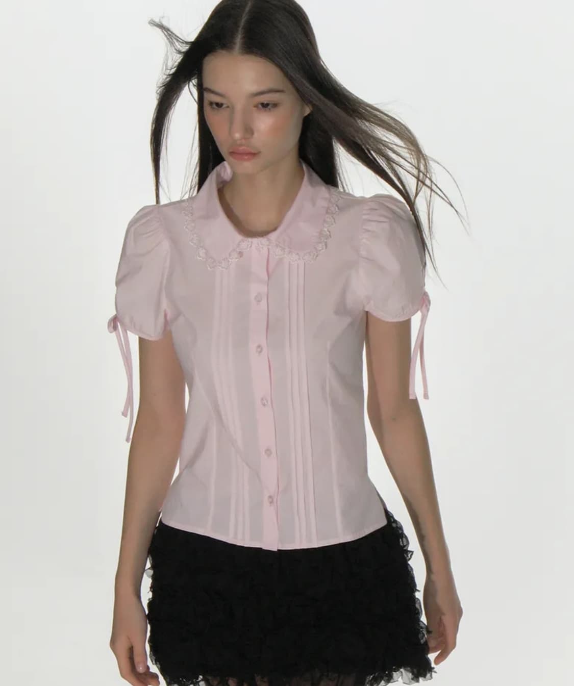 새상품)) 크랭크 핀턱 레이스 카라 블라우스 핑크 상품이미지1