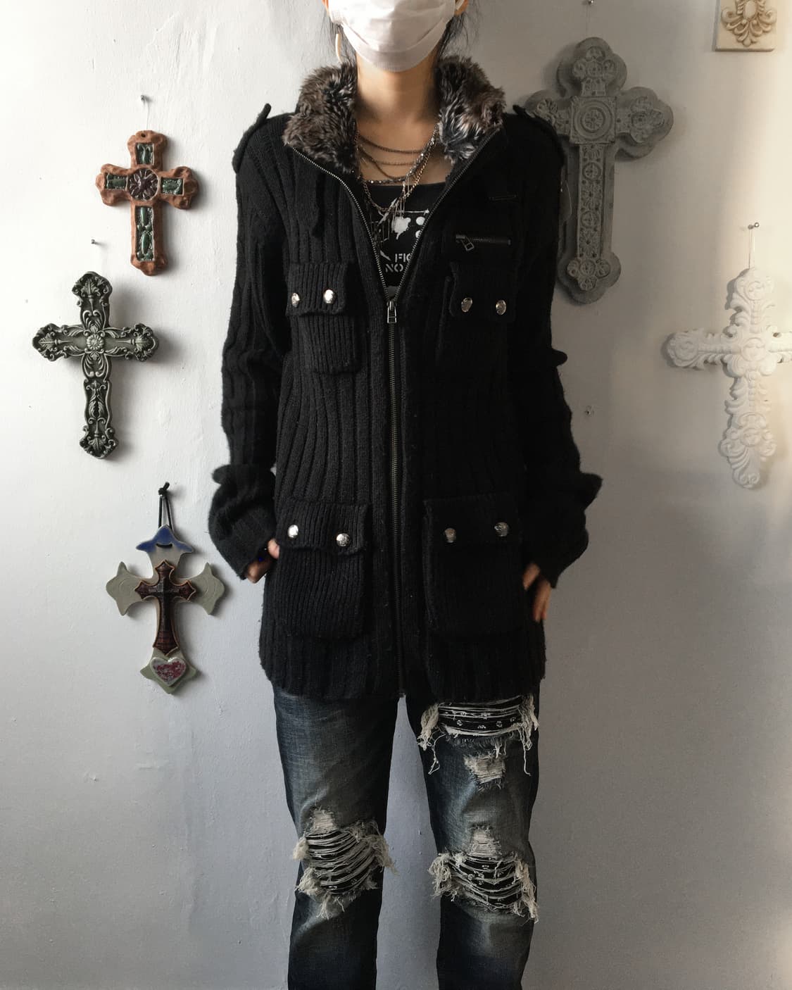 Fur layered belted knit zip up 상품이미지9