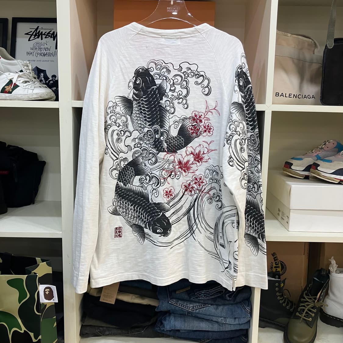 카라쿠리타마시 오리엔탈 잉어 자수 화이트 코튼 가디건 XL 상품이미지3