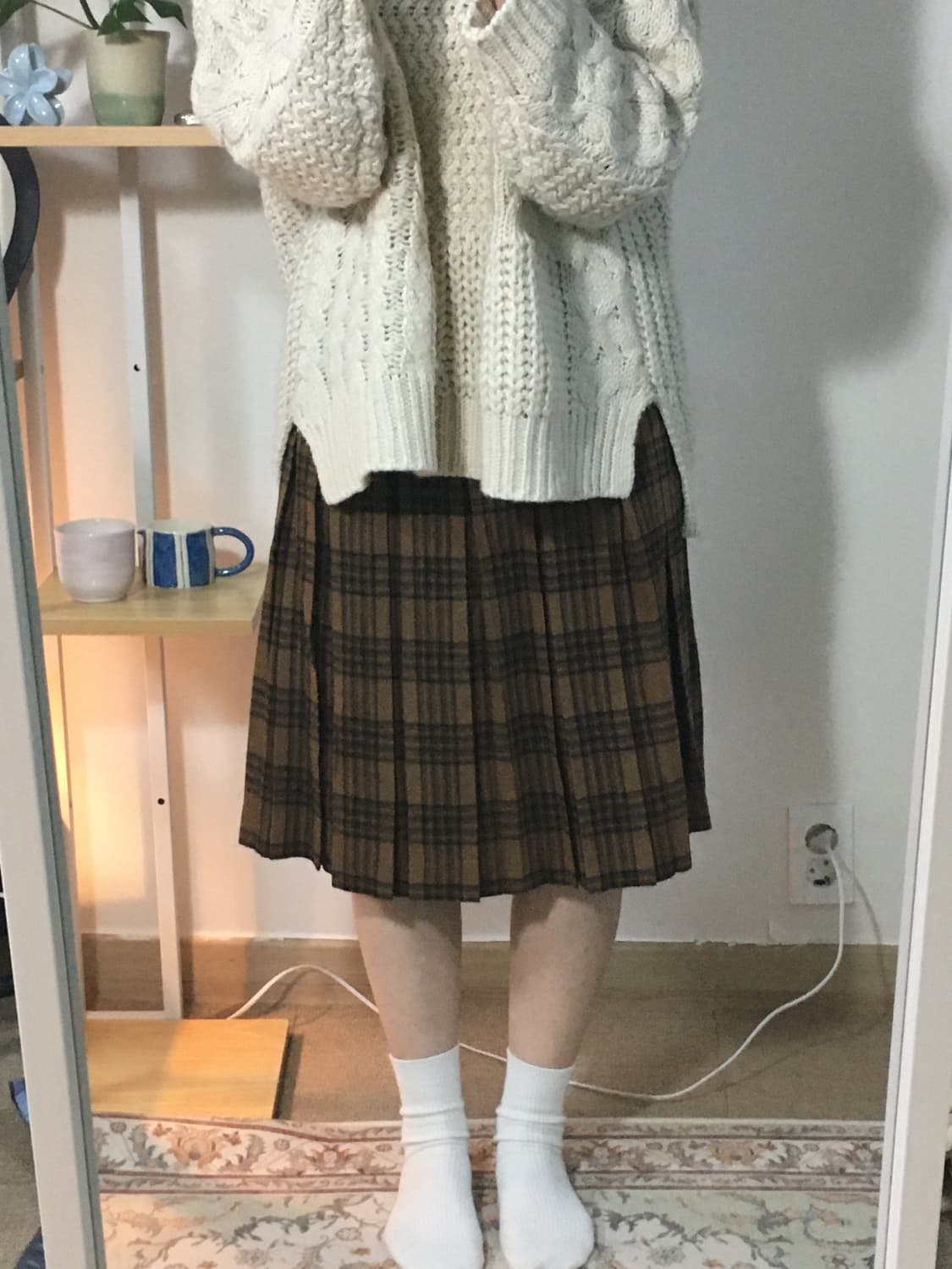 브라운 체크 울 플리츠 스커트 상품이미지1