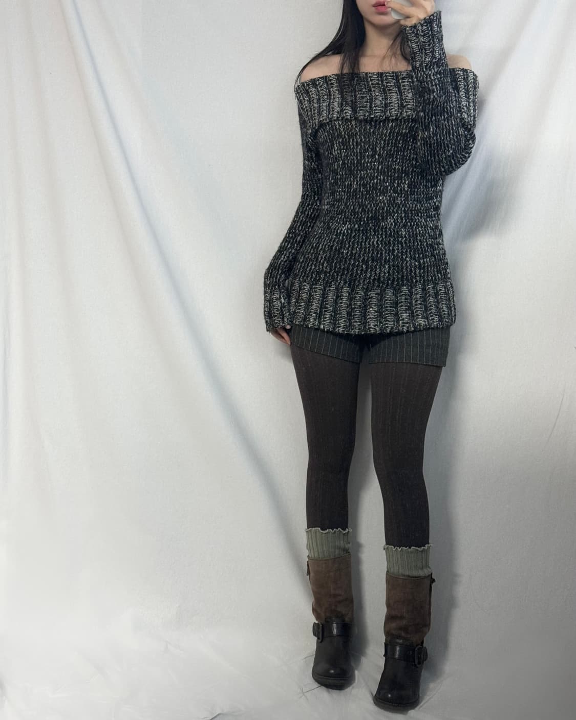 넥 지퍼 오프숄더 니트 울 쇼츠 2pcs SET 상품이미지3