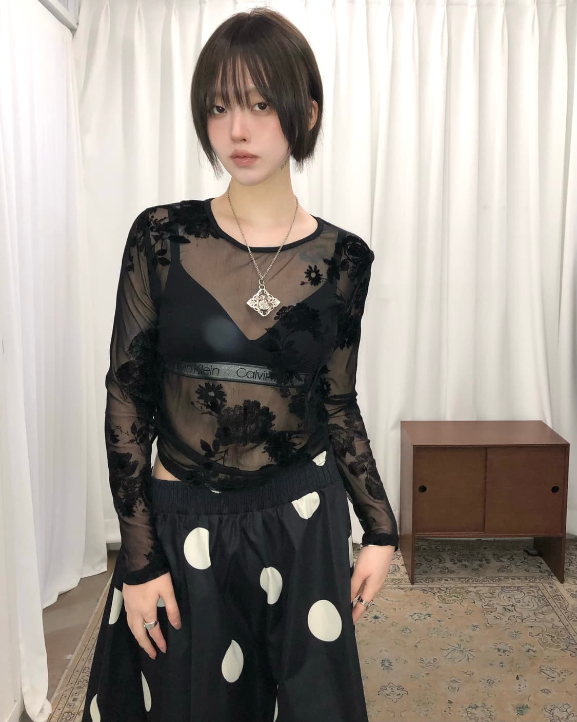 플라워 셔링 시스루 슬리브 상품이미지2