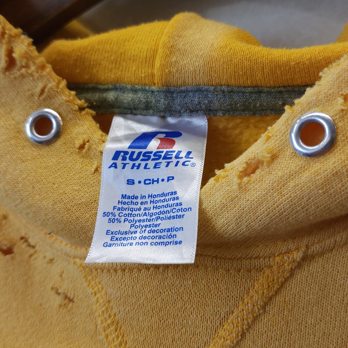 90s 러셀 후드 빈티지 스웻셔츠 썬페이딩 옐로우 프린팅 s 상품이미지5
