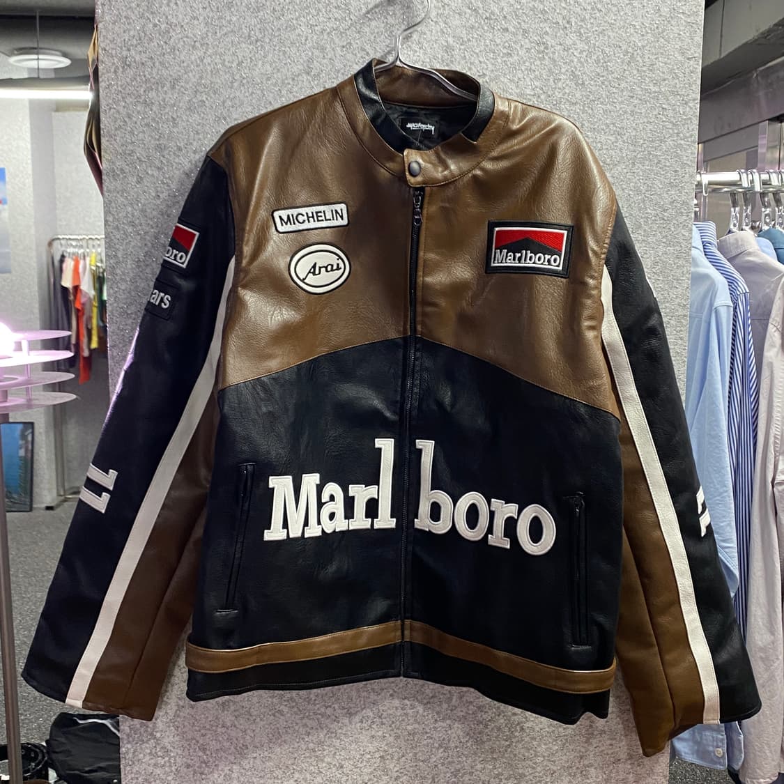 말보로 패치워크 브라운 배색 레더 레이싱 자켓 B3718 상품이미지2
