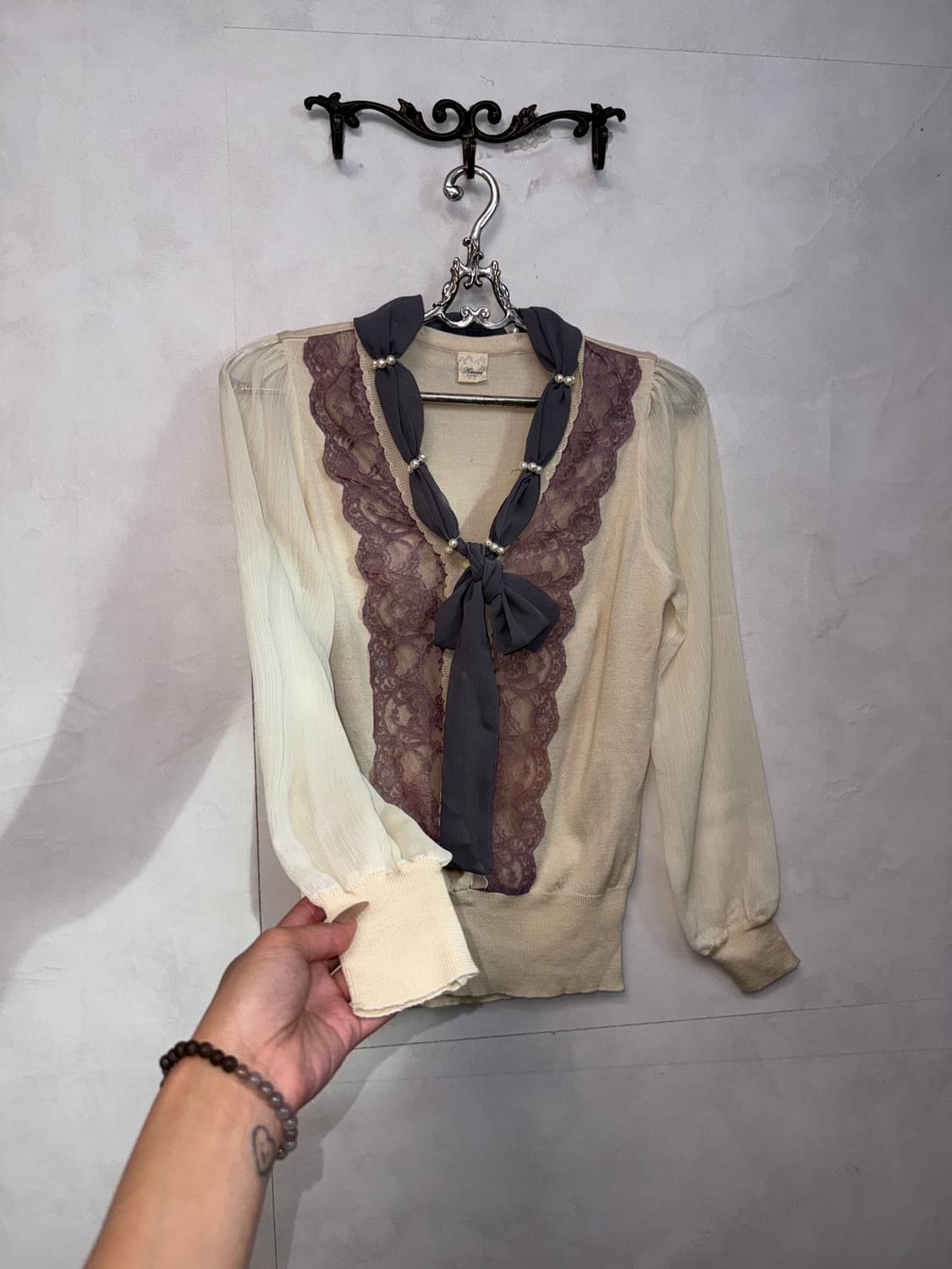 Purple gray lace pearl chiffon knit 상품이미지7