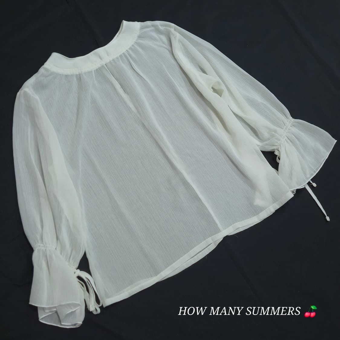 소매 리본 타이 요루 주름 시스루 화이트 블라우스 상품이미지4