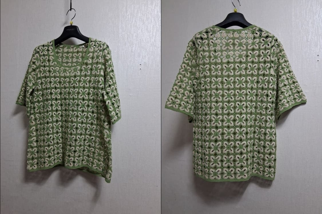 일본빈티지 핸드메이드 모티브 뜨게 크로셰 반팔탑 5566 상품이미지3