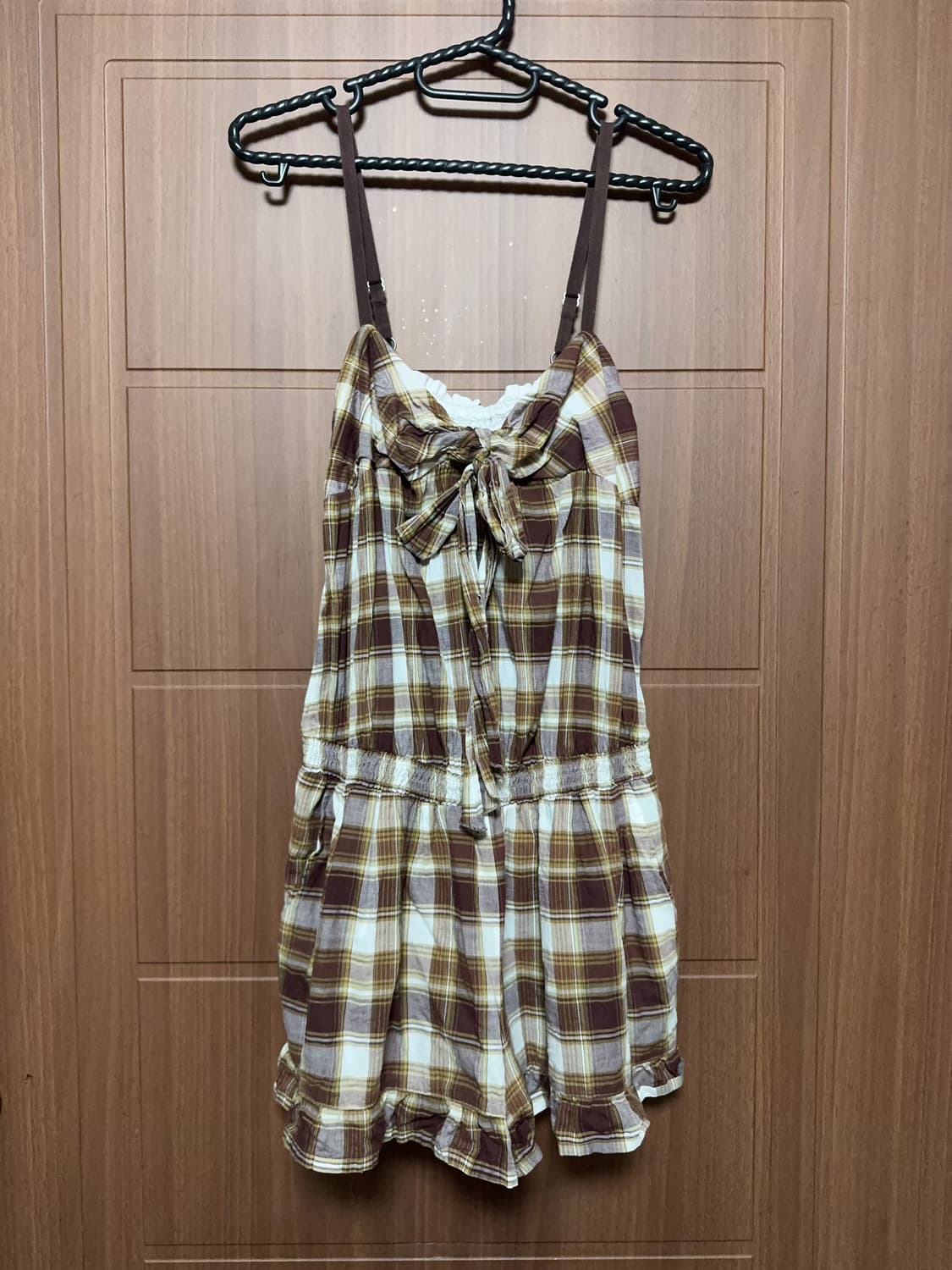 빈티지 모리걸 라떼갸루 체크 브라운 멜빵 원피스 상품이미지1