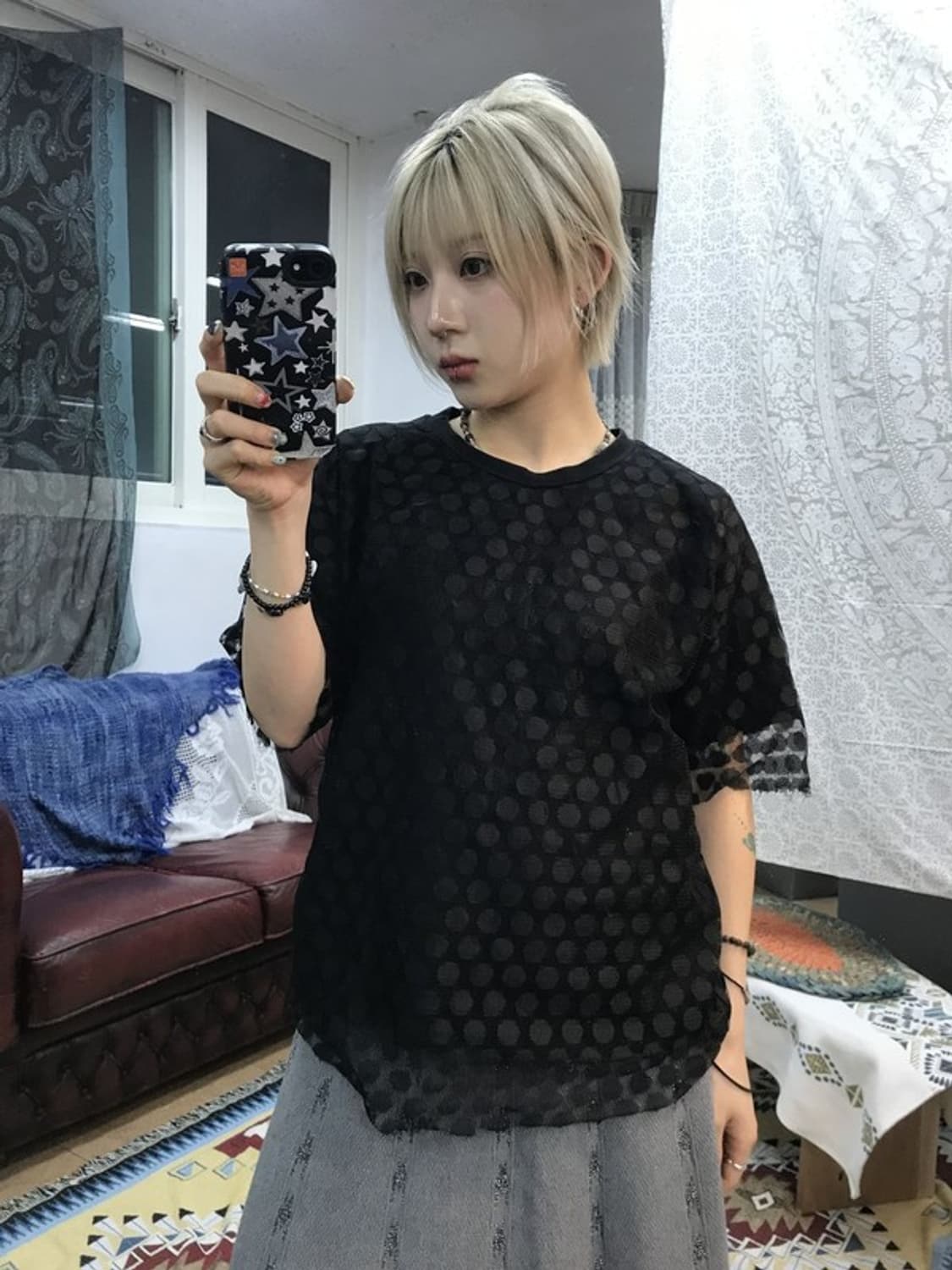 빈티지 여성 도트 시스루 반팔티 상품이미지1