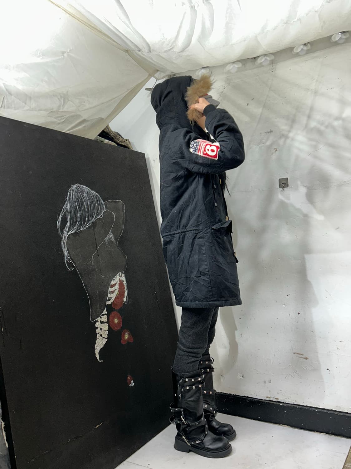 일본빈티지 RL 블랙 울프죠 성조기 자수 퍼 후드 개파카 야상 M 상품이미지2