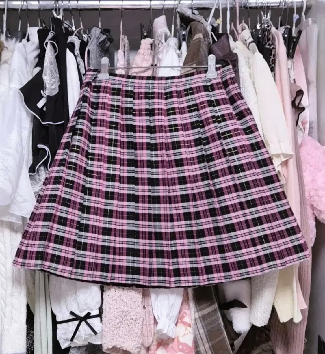 2set)리즈리사돌 검핑 체크 패턴 플리츠 스커트 니트 양지뢰 오네갸루 상품이미지2