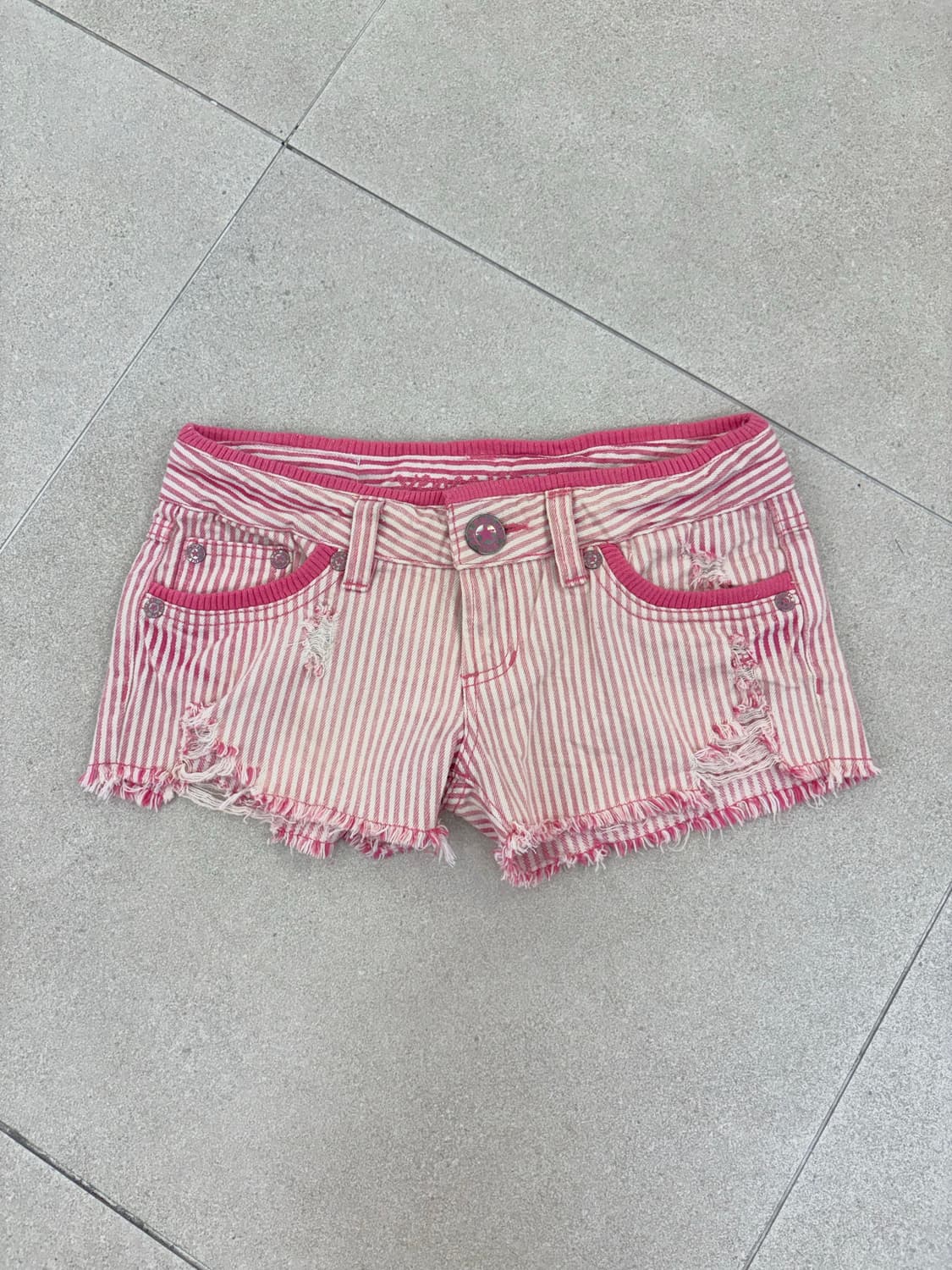 핑크 스트라이프 데미지 숏츠 상품이미지1