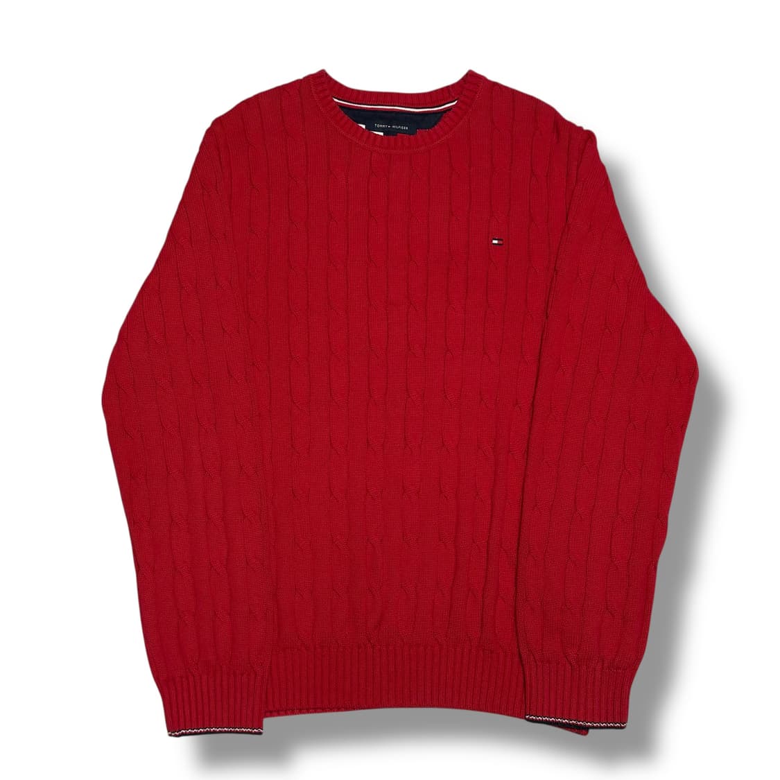 Tommy Hilfiger 코튼 케이블 라운드넥 레드 니트 상품이미지1