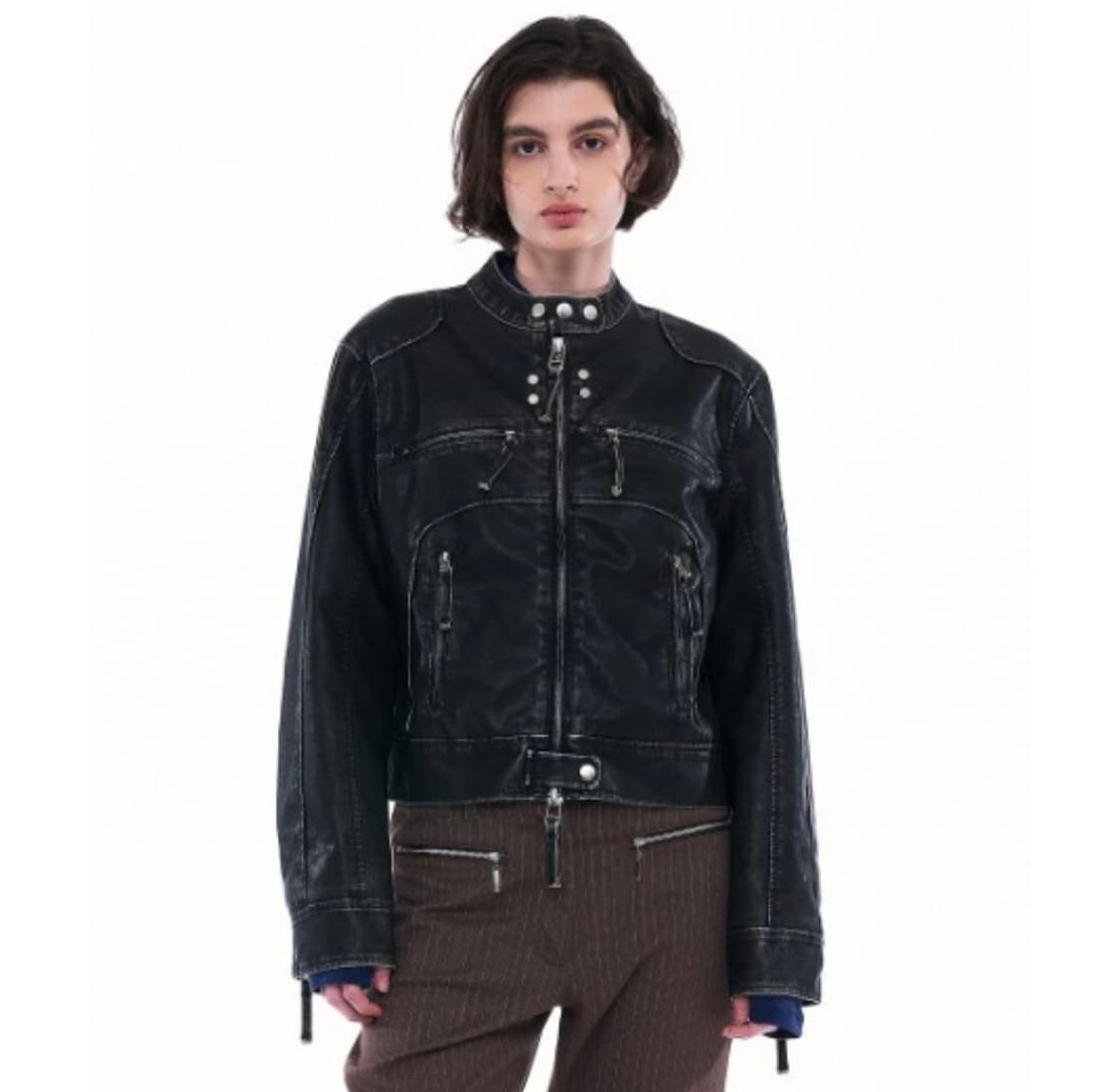 파르티멘토우먼 워시드 바이커 레더 자켓 블랙 M 상품이미지1