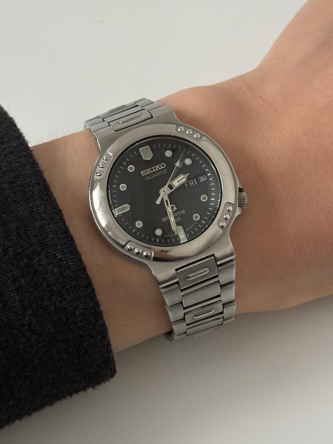 1980년대 SQ Sports 블랙 다이얼 실버 쿼츠 남성 상품이미지1