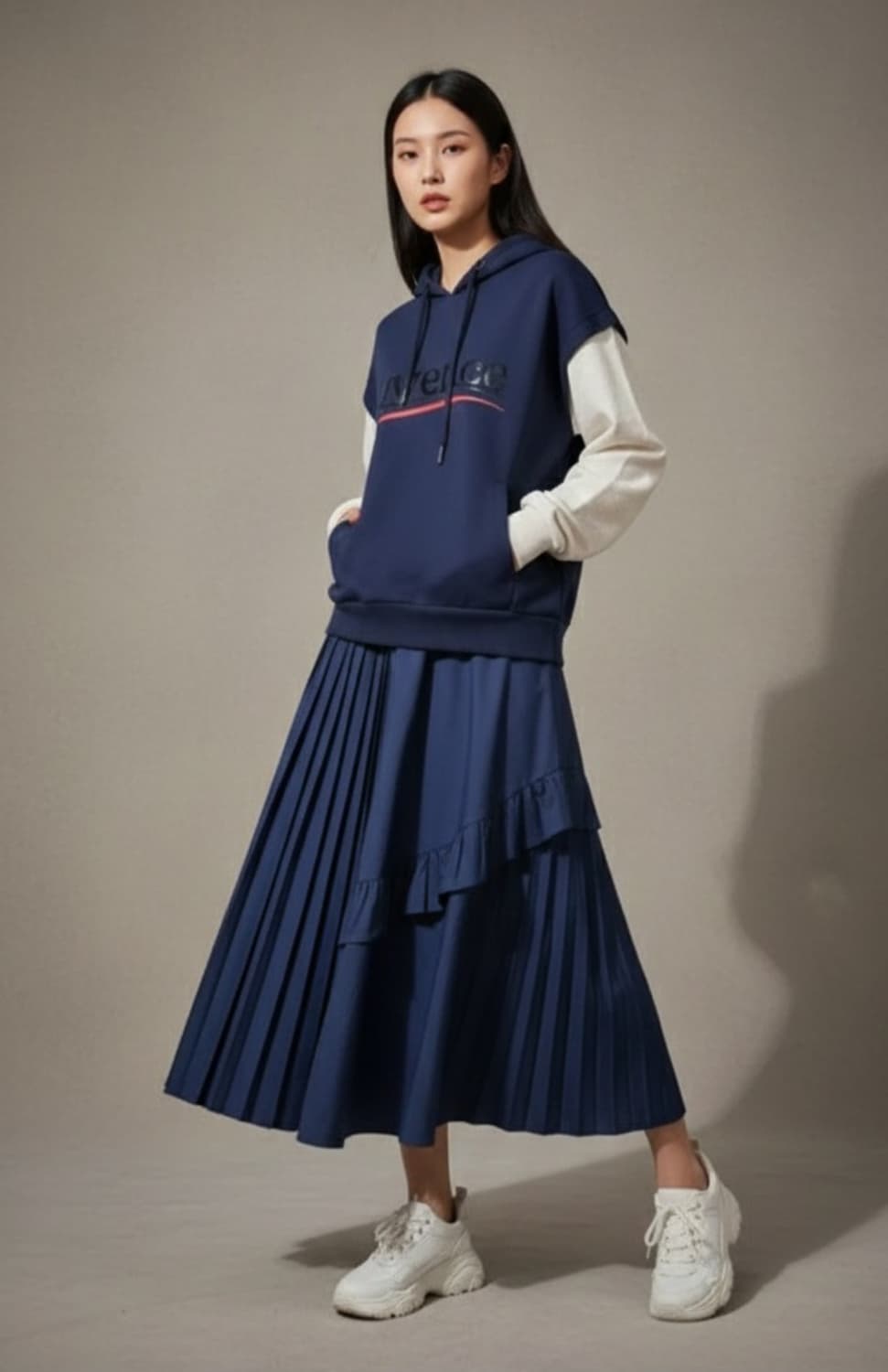 쥬시쥬디 레이어드 후드 져지 플리츠 원피스 66사이즈 상품이미지1