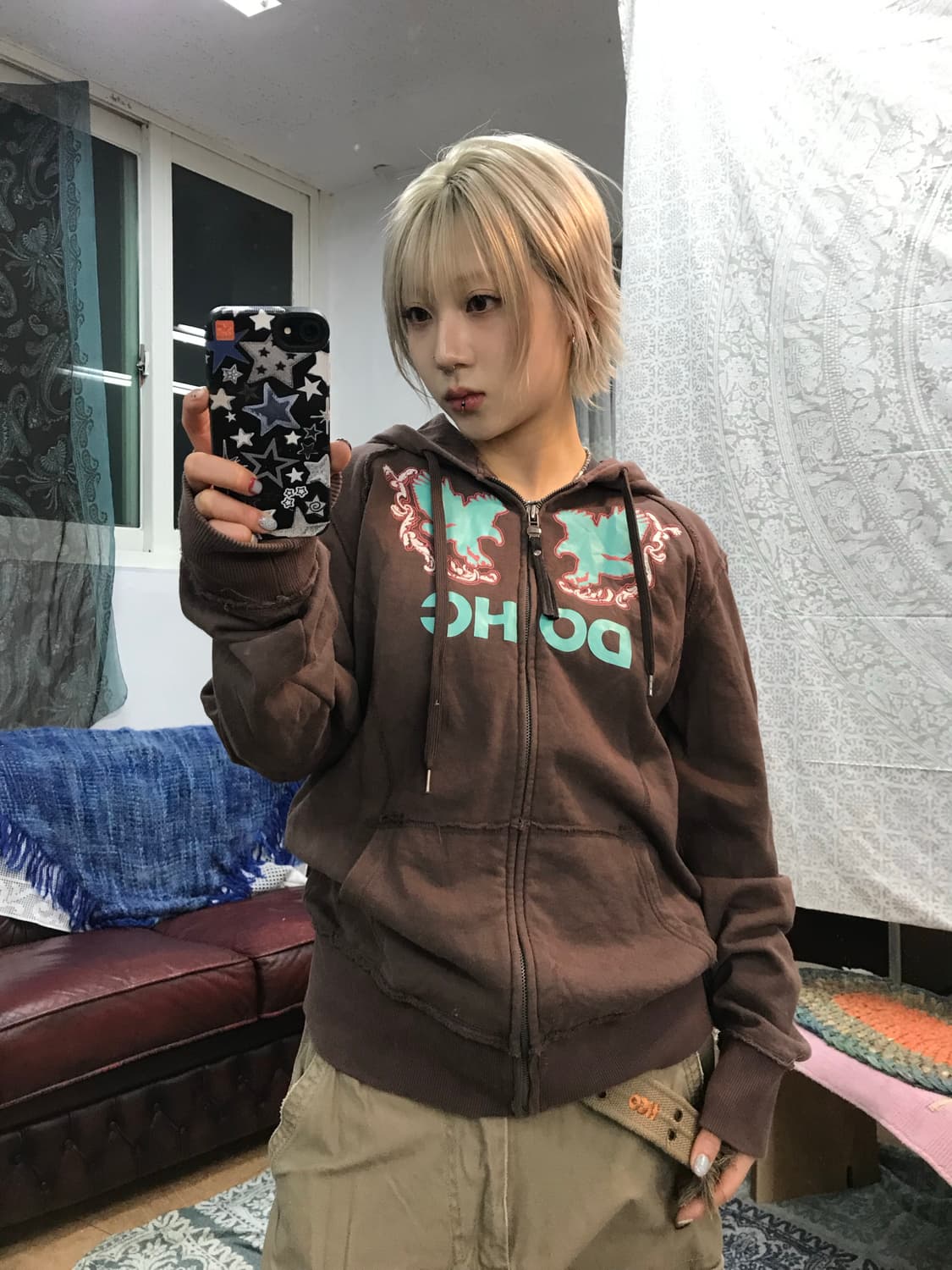 Doch 빈티지 프린팅 브라운 후드집업  상품이미지1