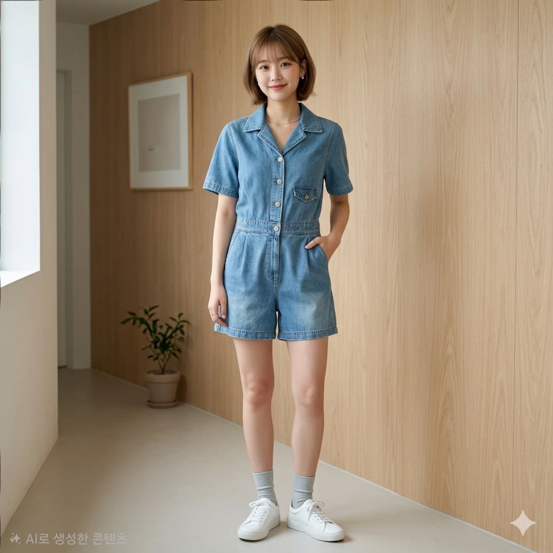 럭키마르쉐 데님 반팔 점프수트 상품이미지1