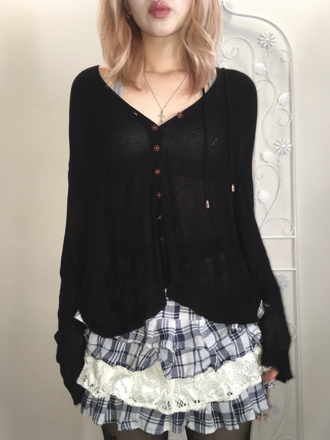 일본빈티지 블랙 시스루 후드 가디건 상품이미지1