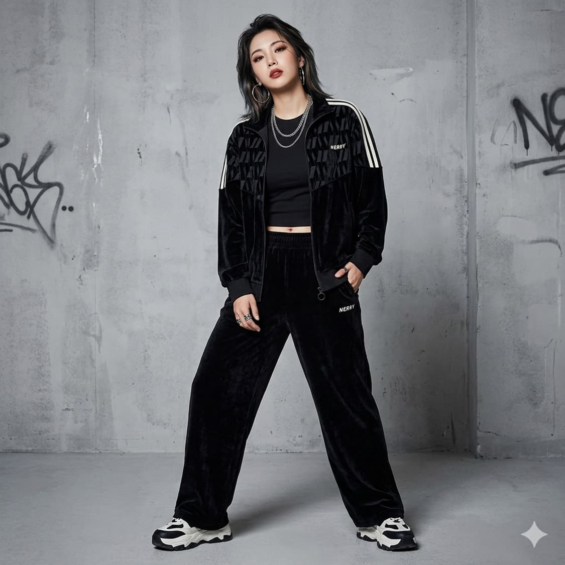 널디(NERDY) 로고 패턴 벨벳 트랙탑 자켓 상품이미지1