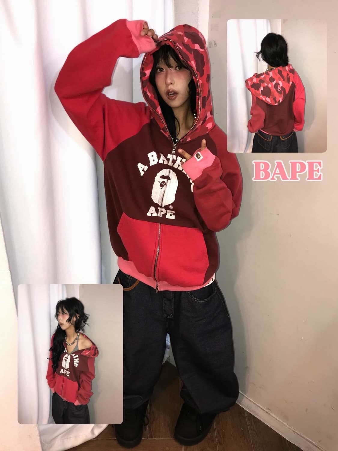 Bape Red Camouflage College Two-way Ho 상품이미지1