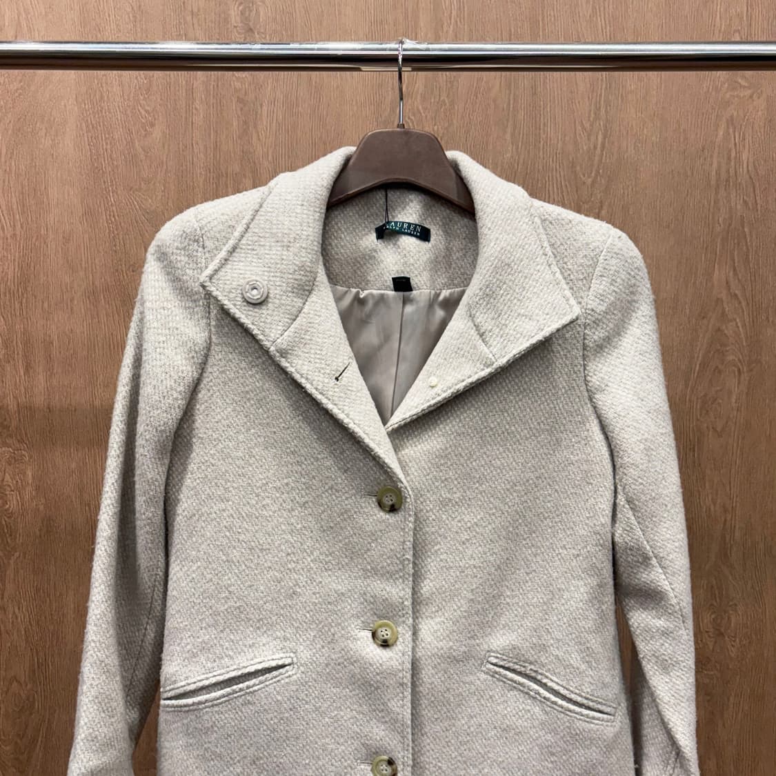 랄프로렌 울 블렌드 코트 헤링본 싱글 버튼 니트 시보리 디테일 아이보리 상품이미지4