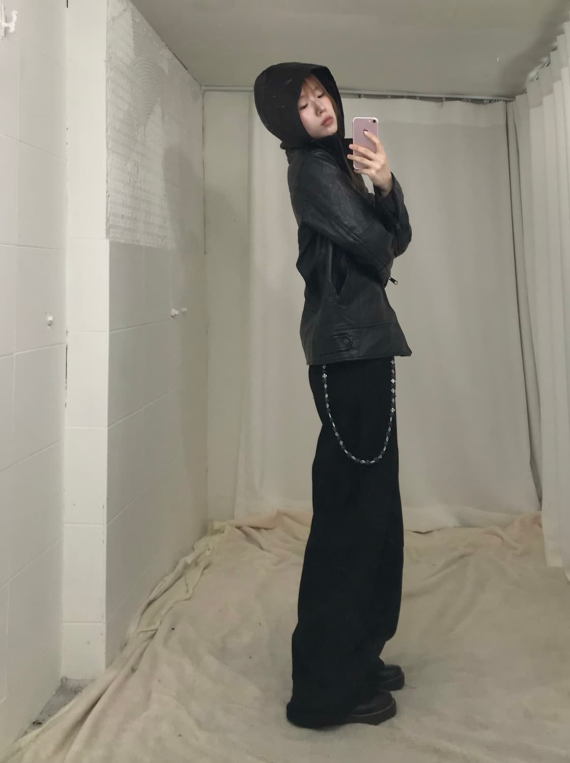 빈티지 블랙 레더 후드 자켓 벌룬 팬츠 시크 코디 세트 상품이미지2