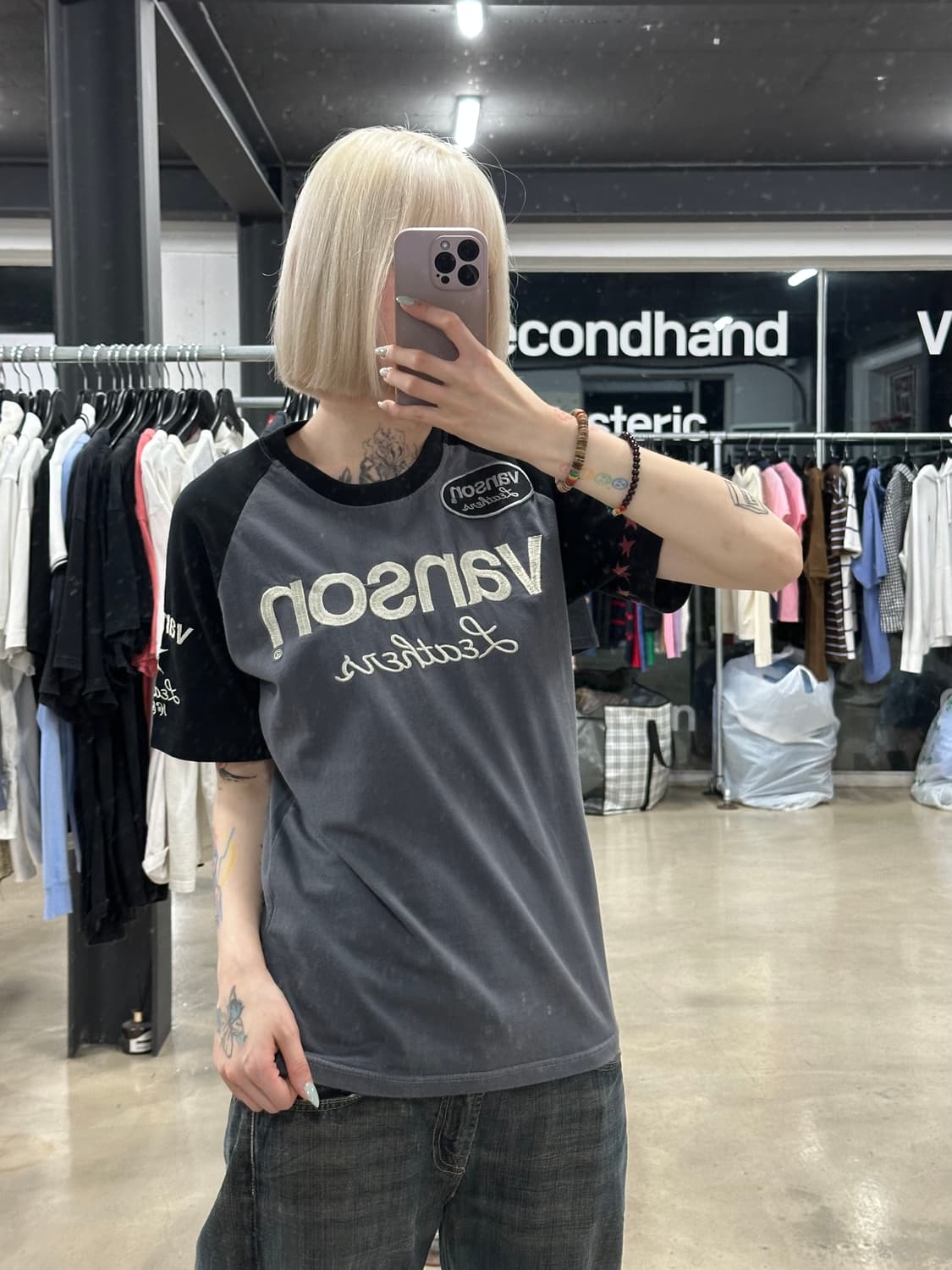 벤슨 모터사이클 프린팅 블랙 그레이 래글런 반팔 티셔츠 상품이미지3