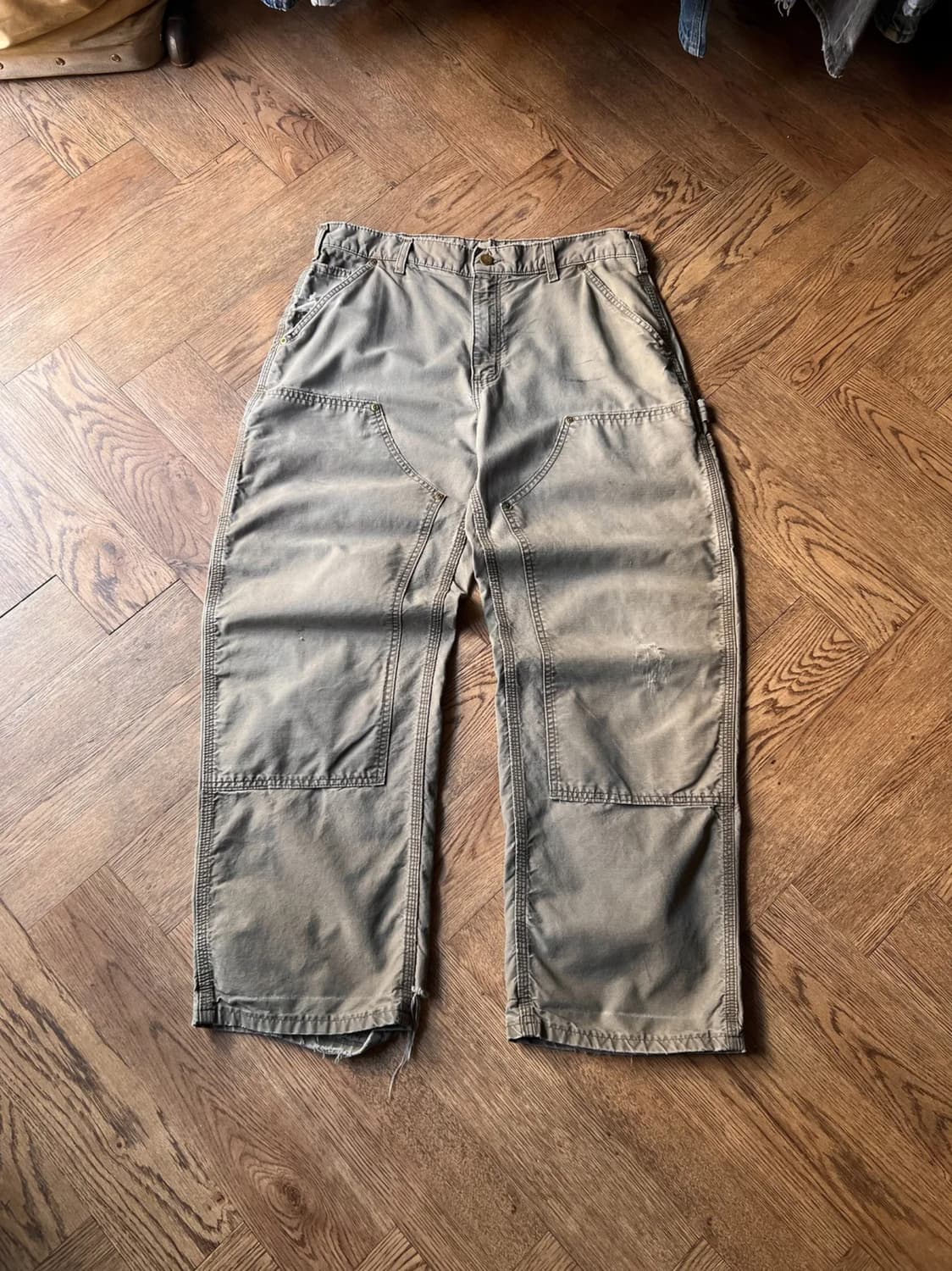 [34]칼하트 USA 빈티지 데미지 라이트브라운 코튼 더블니 워크 팬츠 상품이미지1