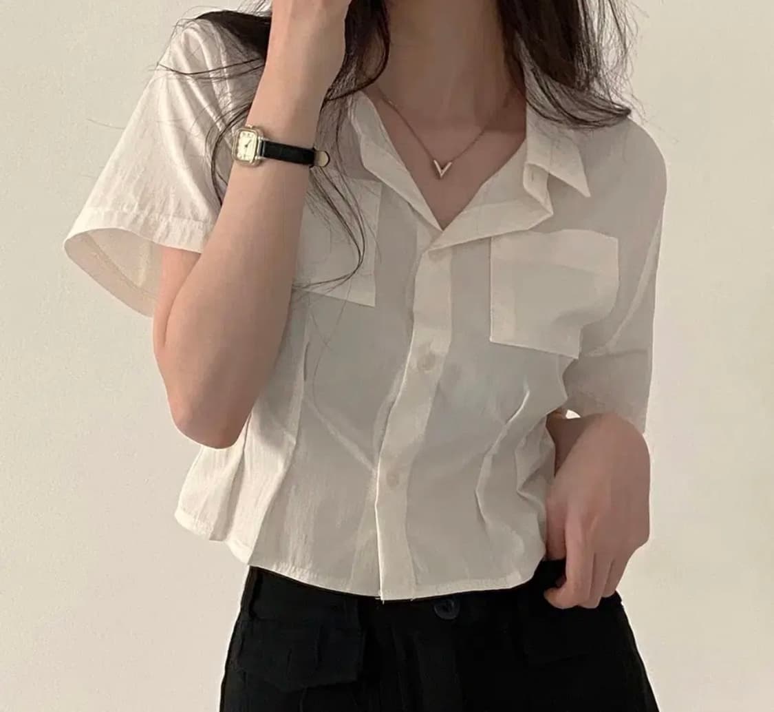 크림치즈마켓 핀턱 크롭 셔츠 네이비 상품이미지2