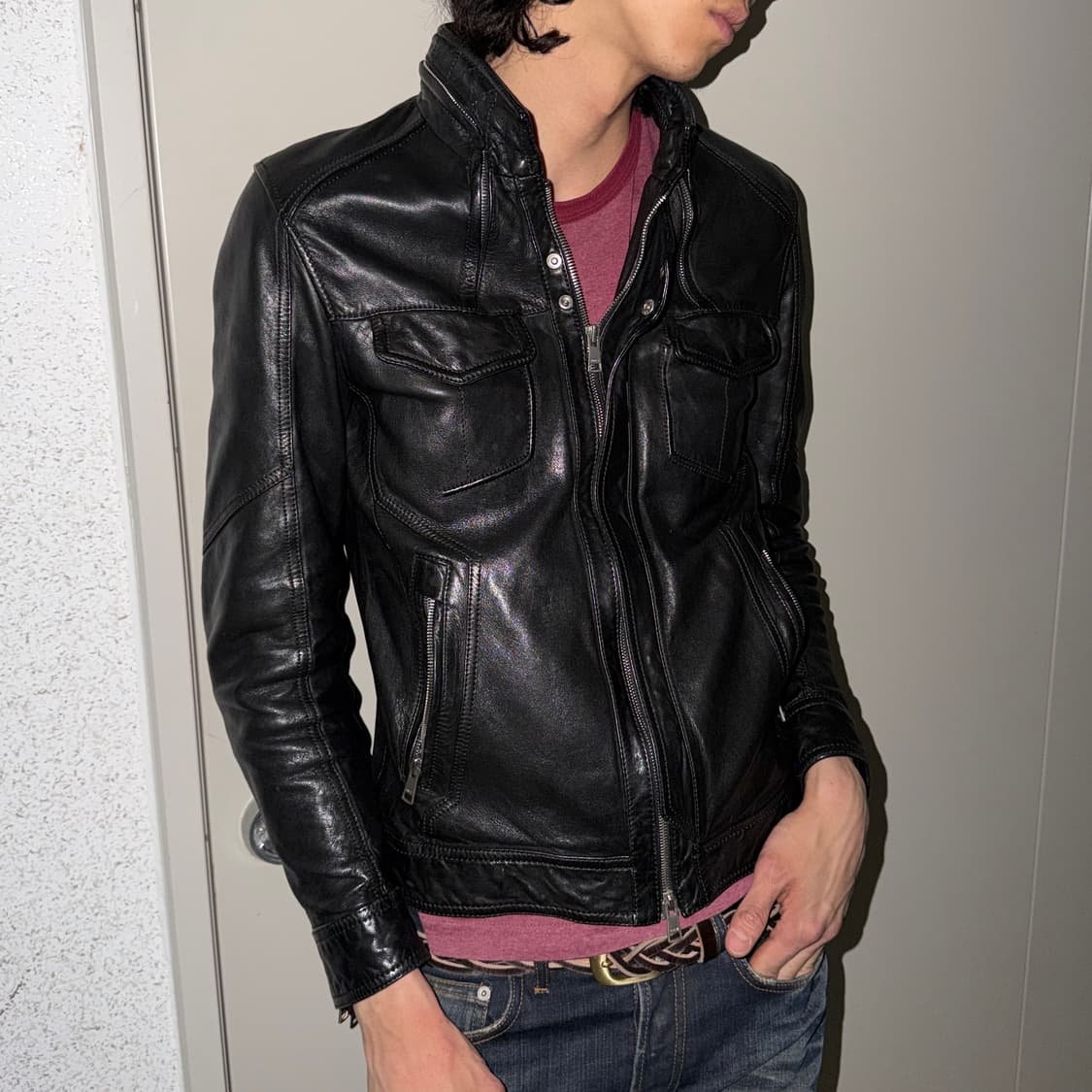 플리츠 레더 슬림 블루종 상품이미지1