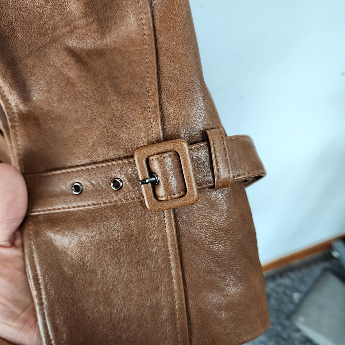 로보 브라운 가죽 롱 트렌치 코트 상품이미지4