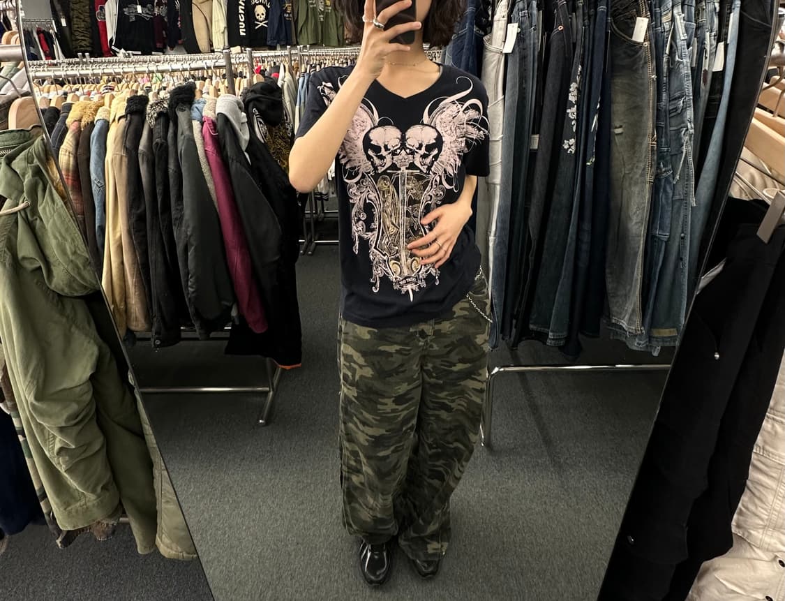 L)Silver Star 빈티지 Y2K 스컬 프린팅 브이넥 반팔 상품이미지1