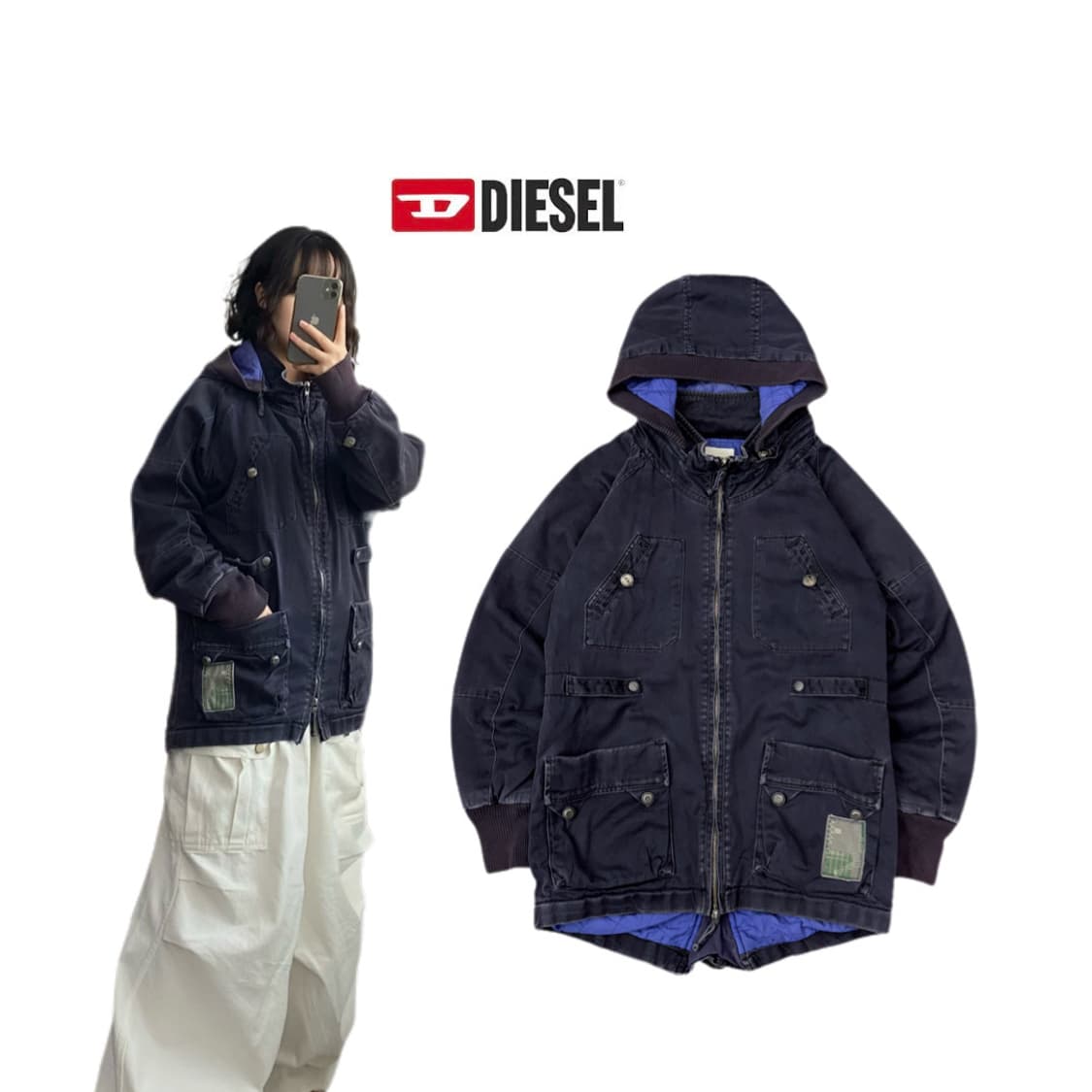 디젤 멀티포켓 가먼트다잉 워싱 밀리터리 후드 자켓 상품이미지1