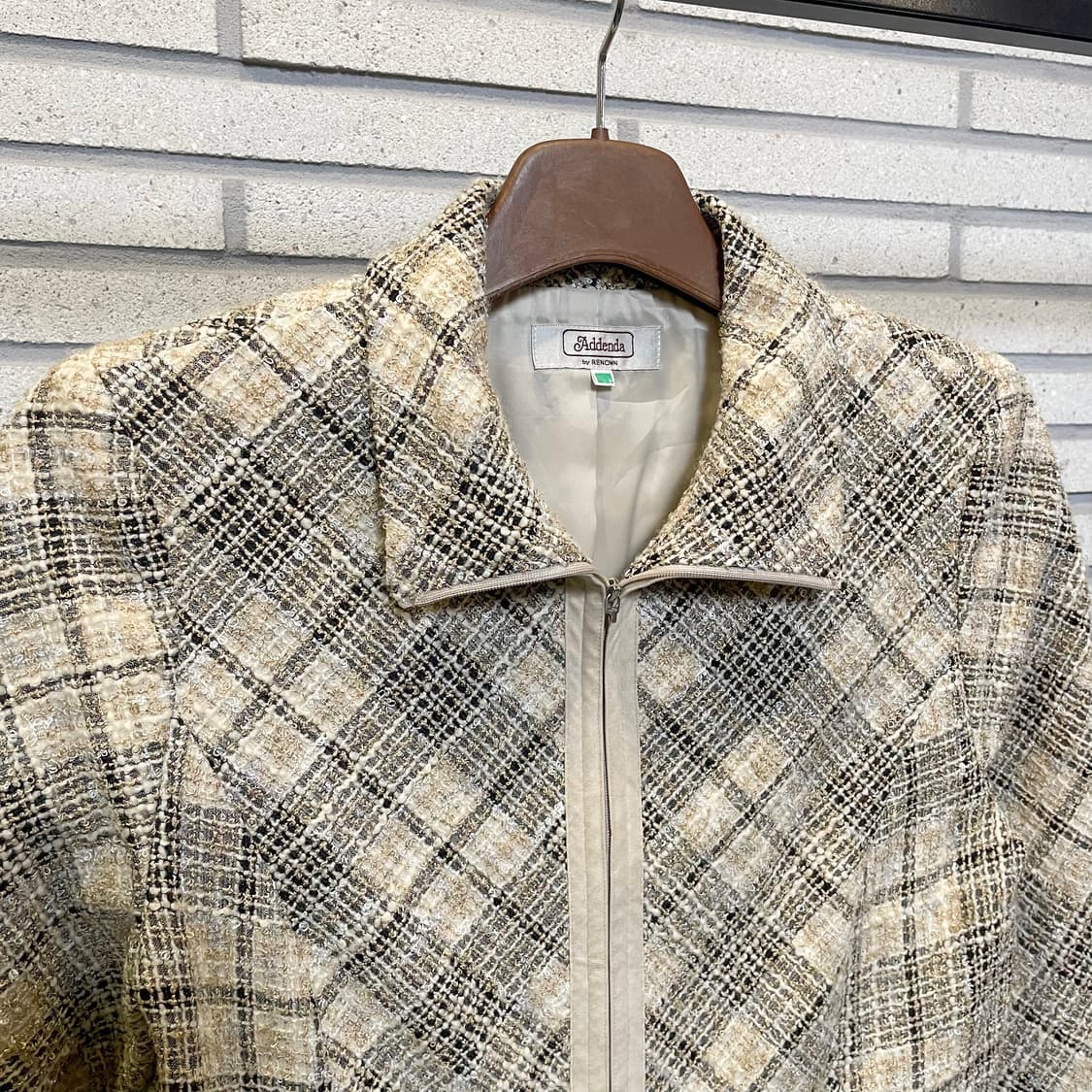 JPN VINTAGE 트위드 집업 자켓 하이넥 체크 패턴 디테일 아이보리 상품이미지4