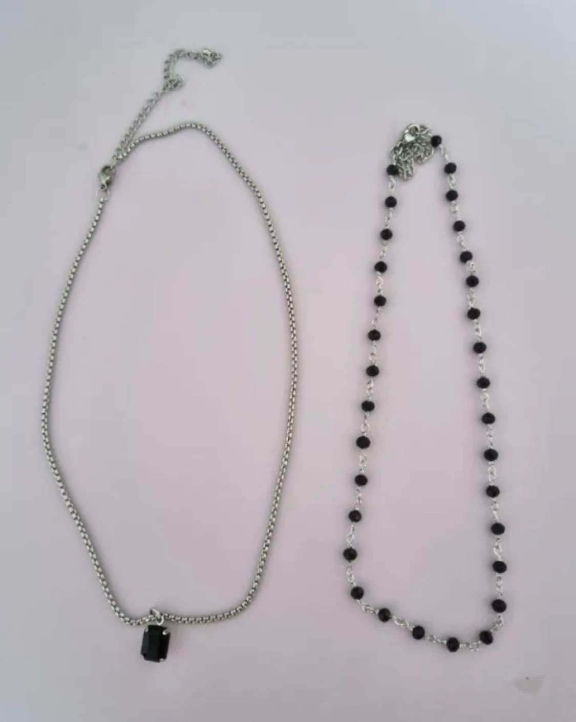 블랙 초커 레이어드 목걸이 세트 (실버 체인 + 스톤) 상품이미지1