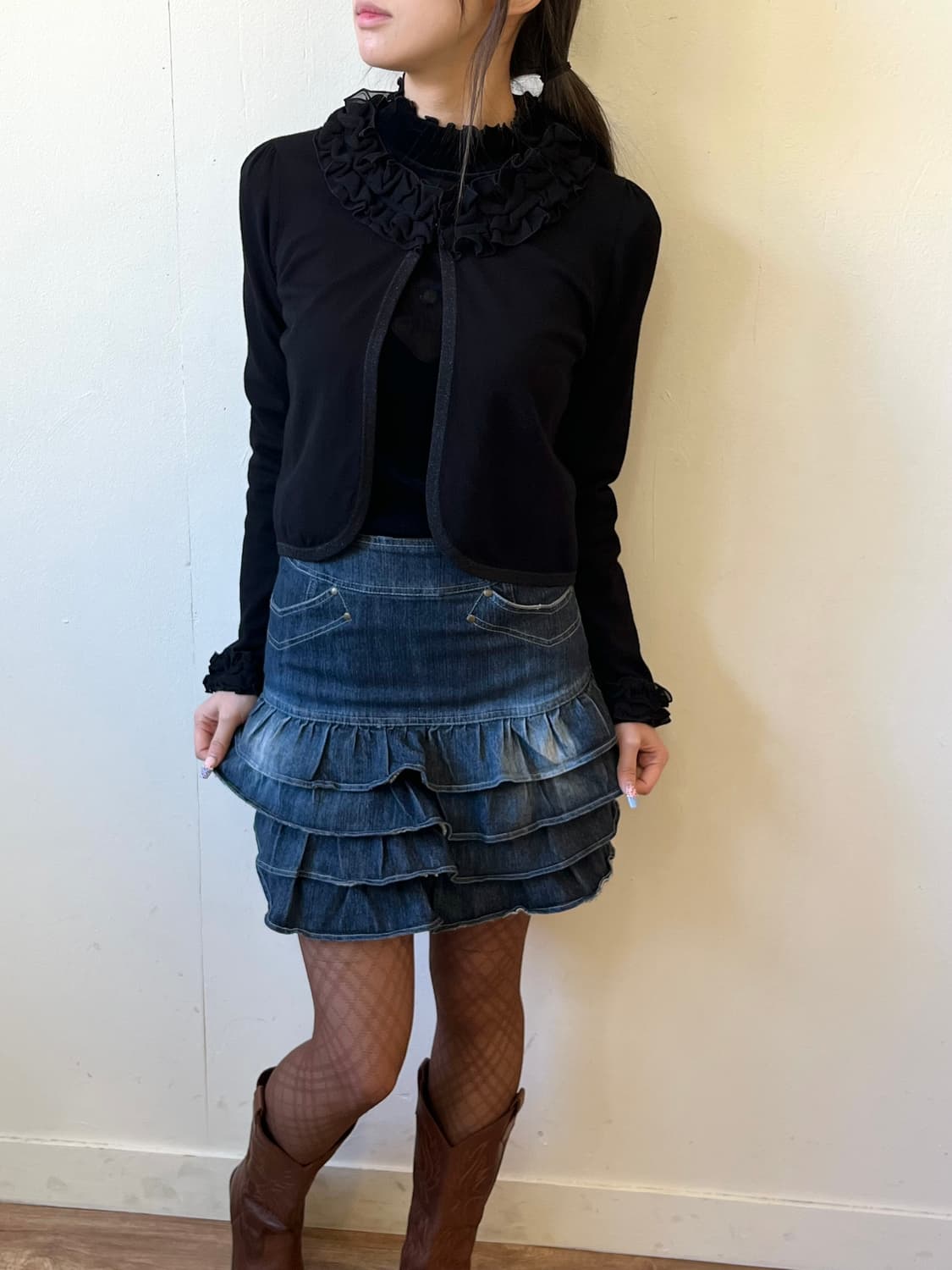 M-PREMIER 프릴 레이스 블랙 숏 가디건 상품이미지6