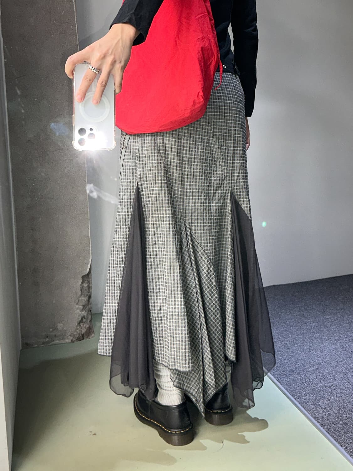 gray check mesh pannel unbalanced skirt 상품이미지4