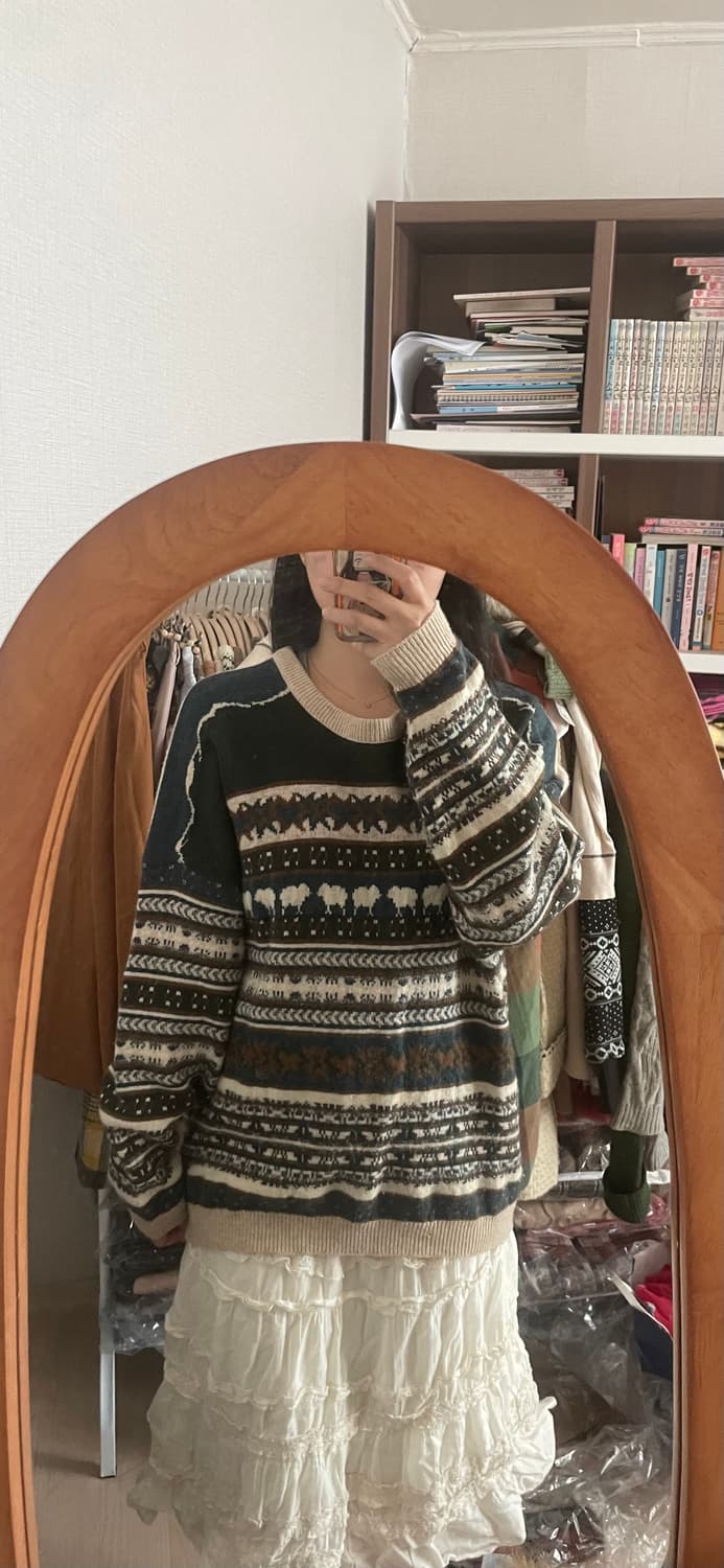 모리걸 빈티지 노르딕 양 패턴 니트 🐏💚🧡 상품이미지7