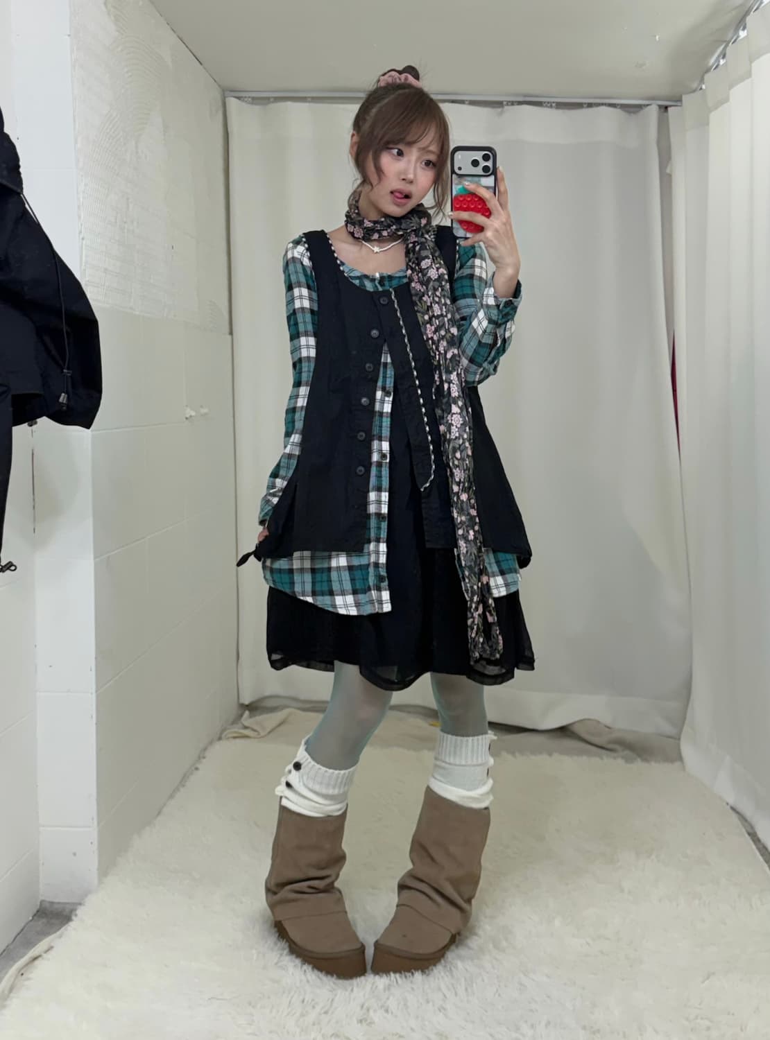 무채색 모리걸 컬러포인트 체크 원피스 하이넥 야상 코디세트 상품이미지2