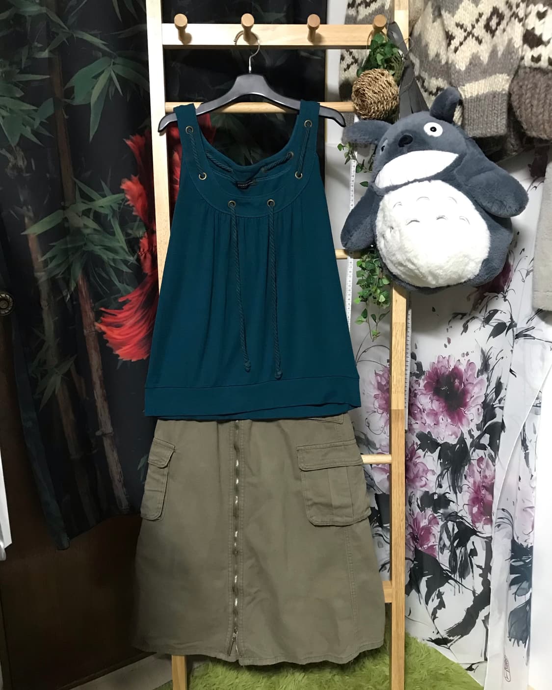 Jp 청록 모리걸 탑 + Jp 카키 밴딩 멀티포켓 스커트 set 상품이미지1