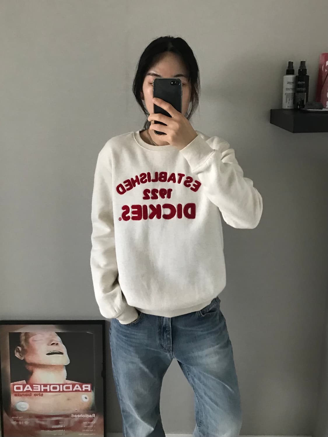 디키즈 자수로고 아이보리 레드 맨투맨 상품이미지1